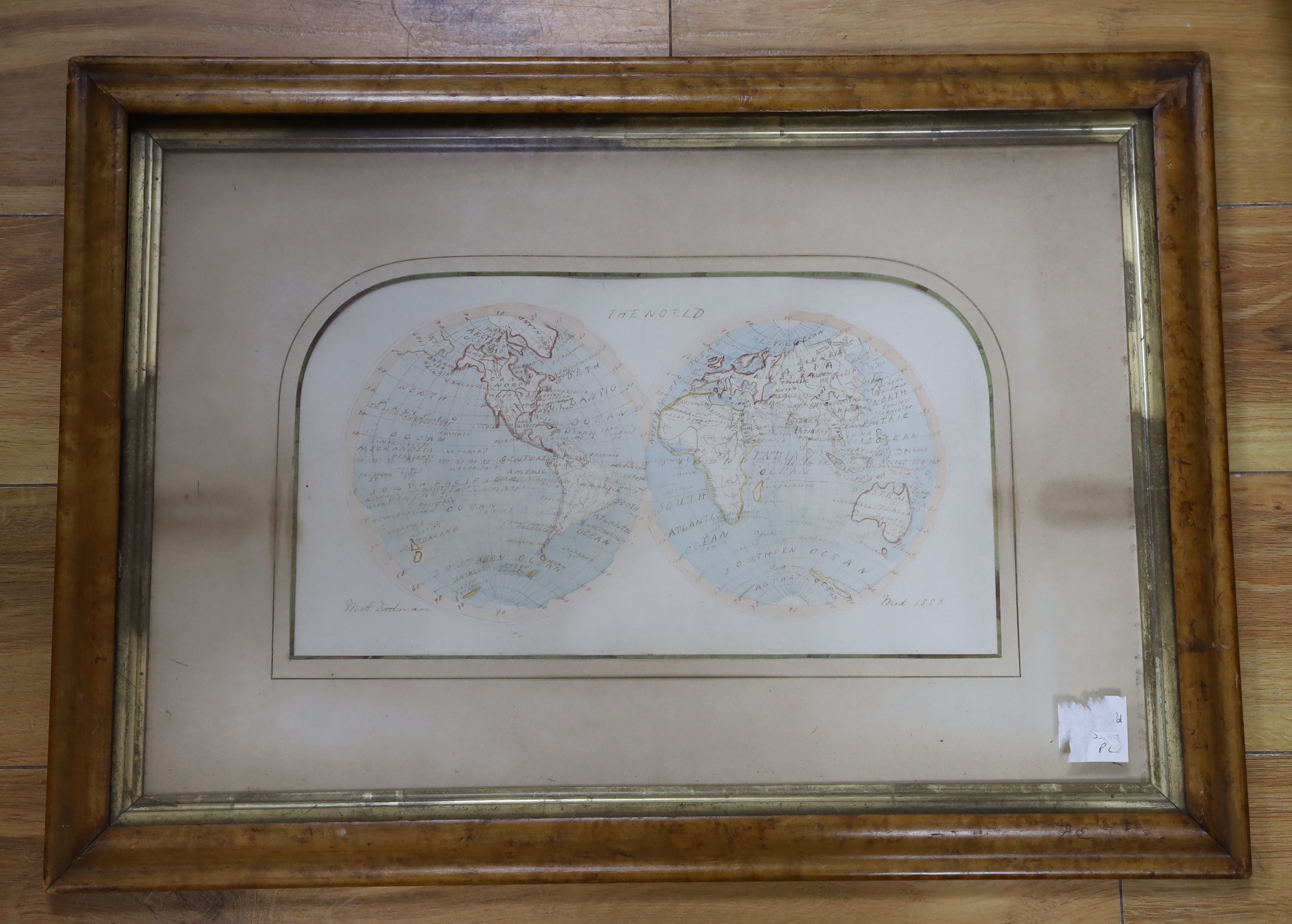 M.A. Dadman (19th C.), watercolour and ink, Map of the World 1883, 22 x 39cm, maple framed